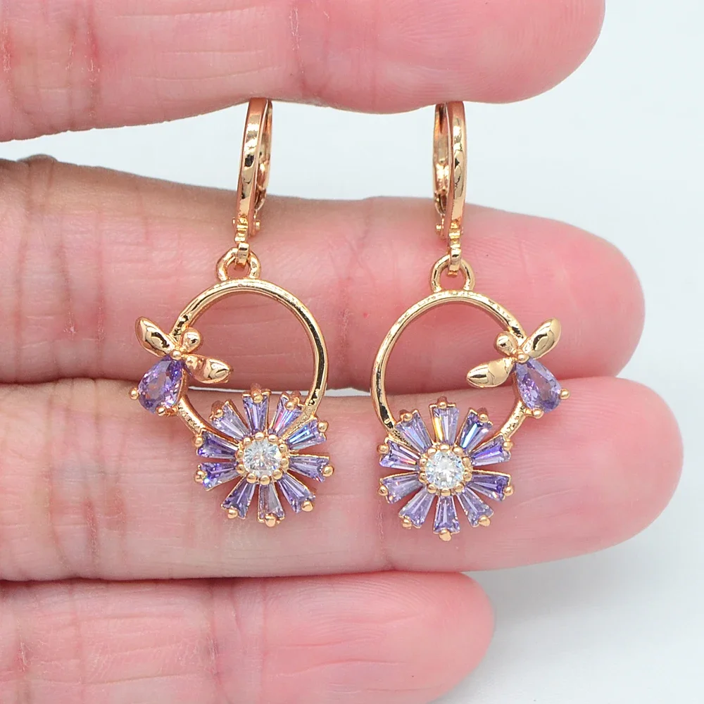 Gold Color Women Lovely Pink Zircon CZ Round Bowknot Dangle Earrings Jewelry