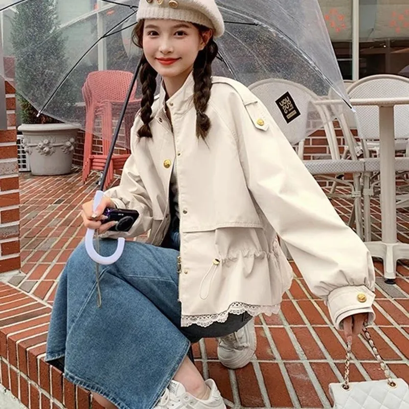 

Spring Autumn Korean Style Short Trench Coat 2026 New Women Lace Spliced Cropped Trench Coat Female Windbreaker Outwear Jacket