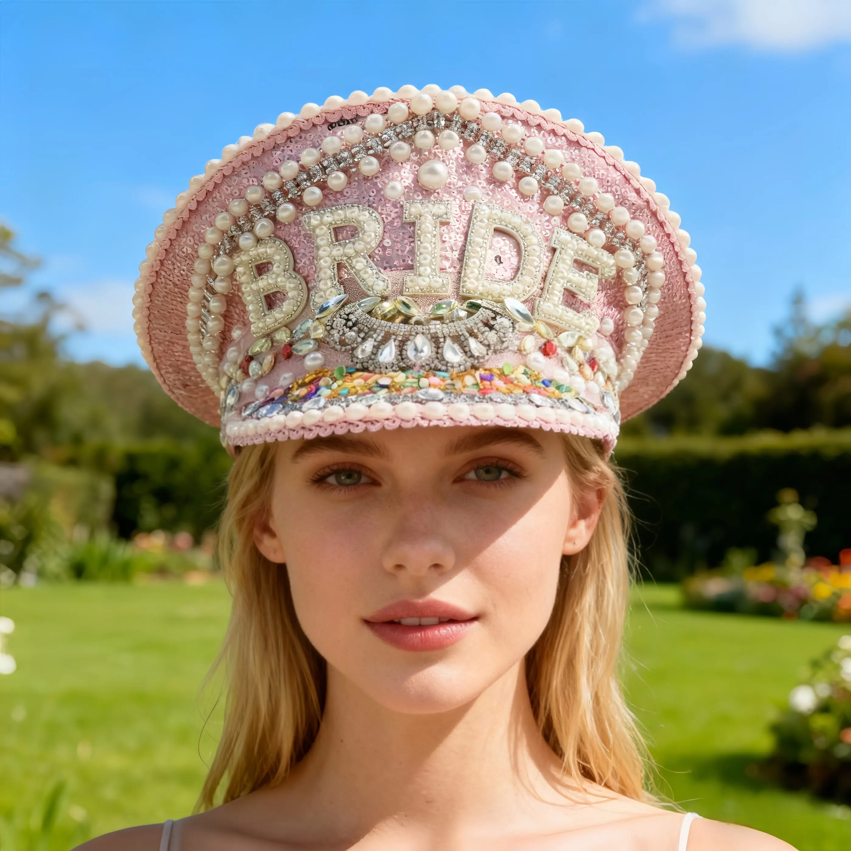 

HongLuan Yellow Laser Leather Loop Captain Hat Rhinestone & Military Caps for Woman, Rave Festivals Accessories ＆ Party Cap Man