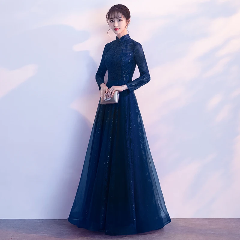 

Ele Long Sve Evening Gown Women's Faionable Slimming Floor-Length Chinese Sle Stand Collar Year-End Par Dr