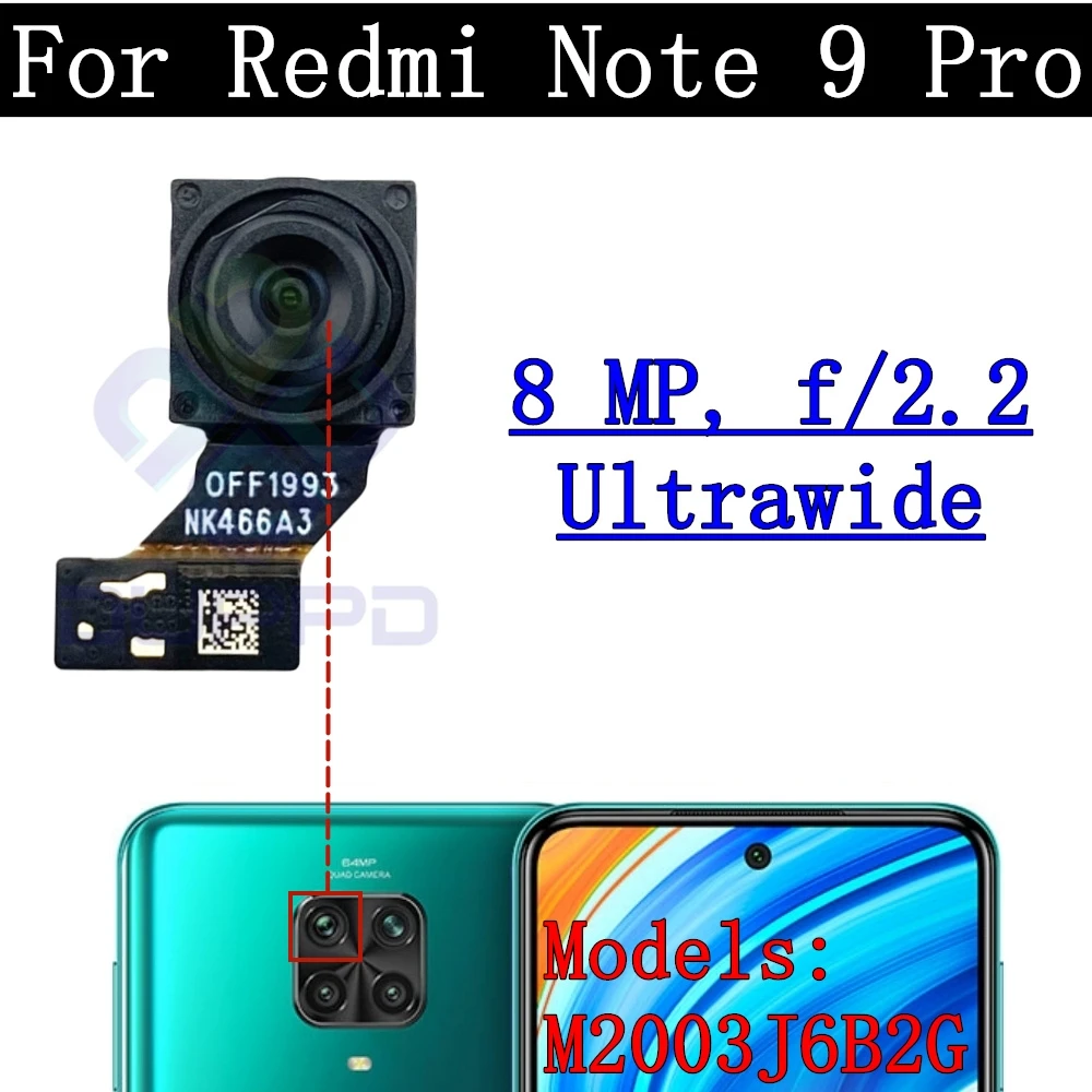 Lente de câmera frontal e traseira para Xiaomi Redmi Note 9 Pro, Módulo de câmera frontal pequeno, Peças sobressalentes Selfie, M2003J6B2G