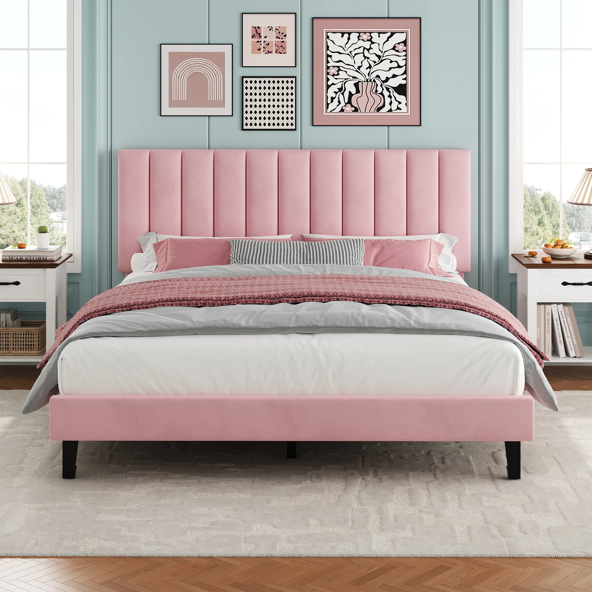 Velvet Upholstered Platform Bed with Adjustable Padded Headboard, Vertical Channel Tufting, Wooden Slats, No Box Spring, Easy Assembly - Variants: Queen/King/Full