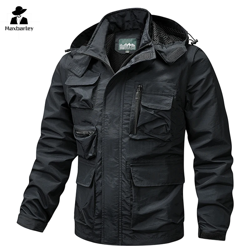 

2024 Men's Hooded Jacket Spring and Autumn Fashionable Multi-Pocket Removable Sleeve Windbreaker Coat Casual Fishing Work Vest