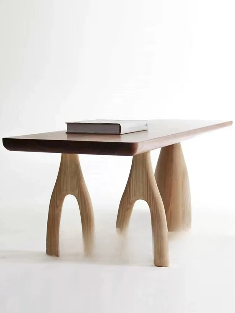 Walnut retro solid wood dining table French medieval rectangular conference table wabi sandy wind log negotiation table tea