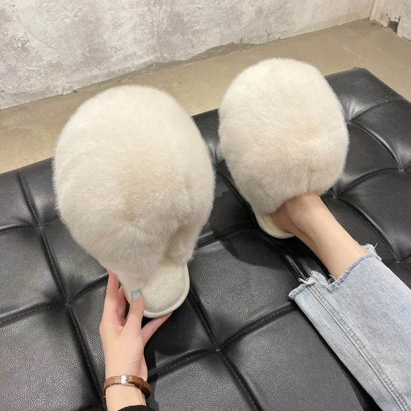 Women Minimalist Fuzzy Design Home Slippers White Stylish Spliced Plain Warm Indoor Comfortable House shoes