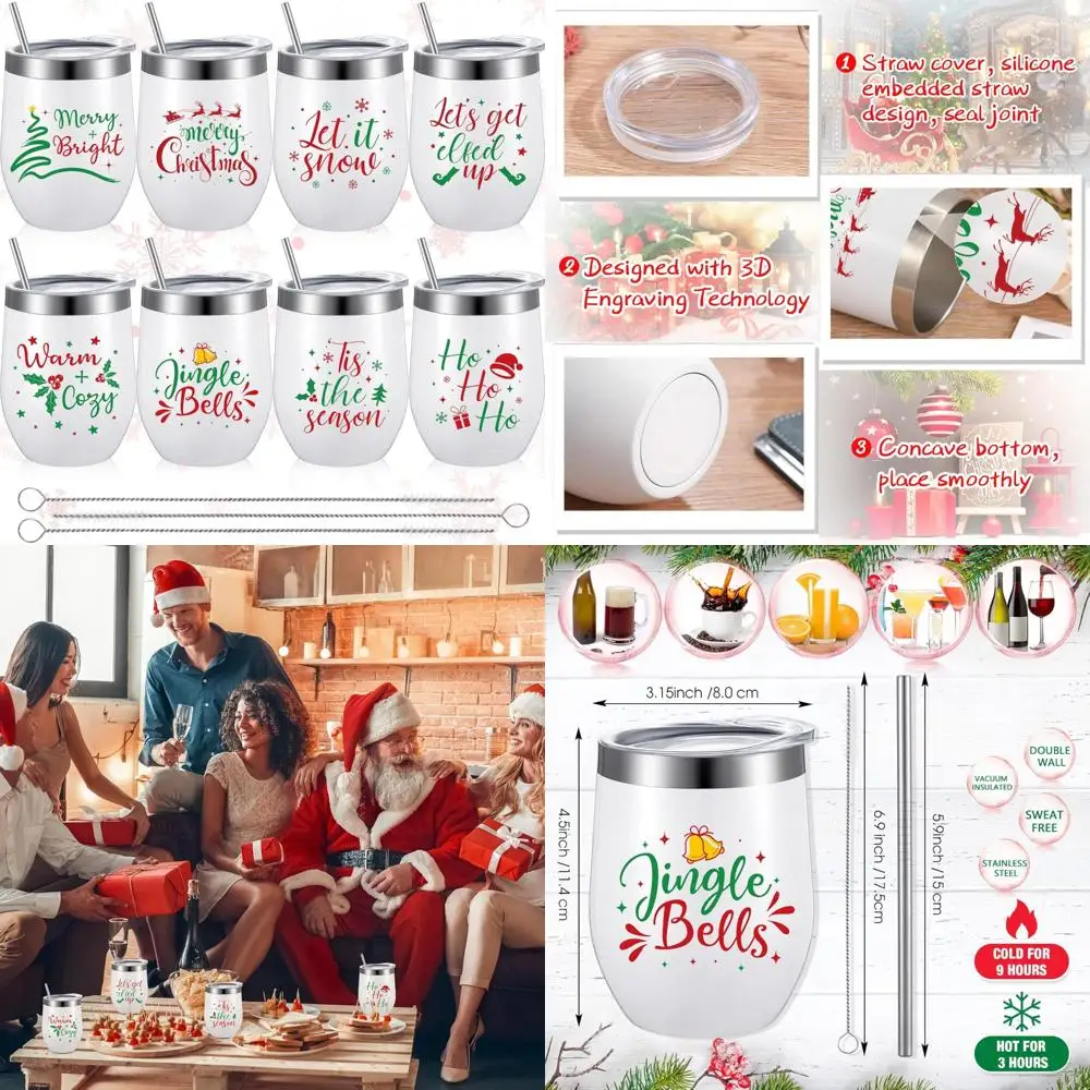 

Christmas Stemless Insulated Coffee Tumblers Set of 8, 12 oz Funny Holiday Wine Tumbler Cups with Straws and Cleaning Brush for