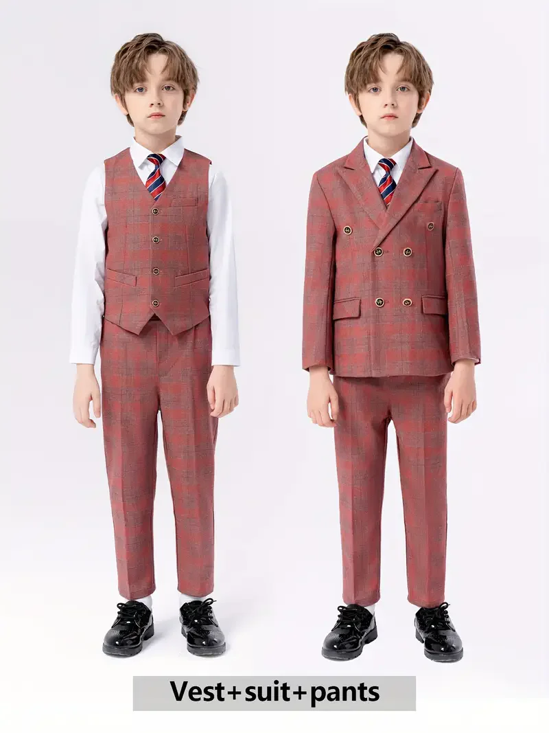 

Flower Boys Red 5PiecesSet Jacket Vest Pants Tie Brooch Wedding Dress Kids Formal Ceremony Costume Children Birthday Blazer Suit