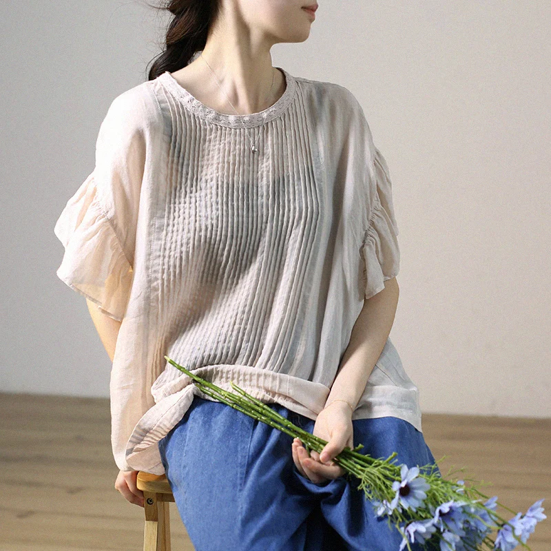 

Оригинальная хлопково-льняная блузка Gujia с художественной плиссировкой, коротким рукавом, свободного кроя, повседневная летняя, дышащая, приятная к коже