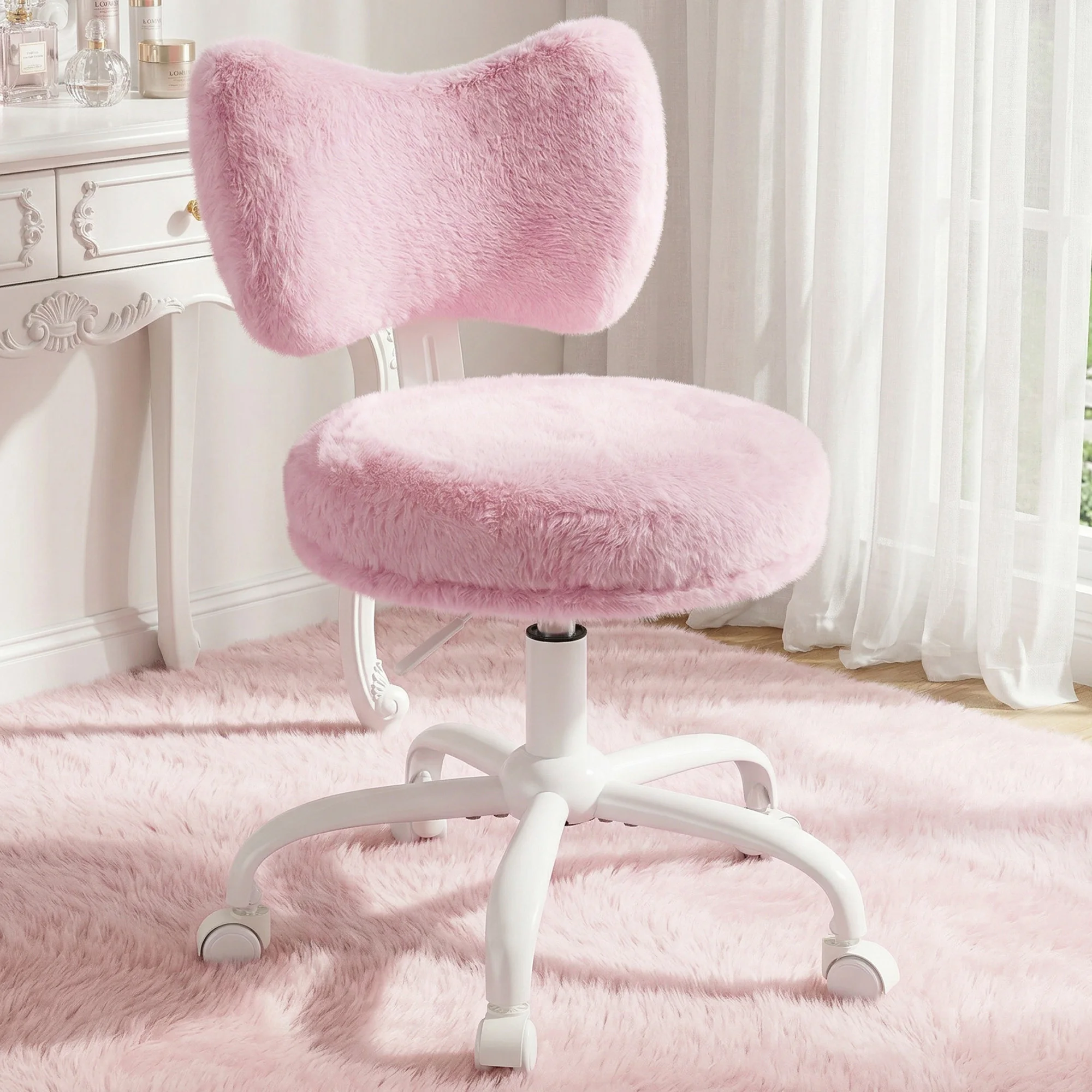 EnHomee  Cute Bow Back Vanity Chair with Wheels, Fluffy Faux Rabbit Fur Desk Chair, Height Adjustable Ergonomic Computer Chair, Portable Makeup Chair for Bedroom Dorm Home Office view 3