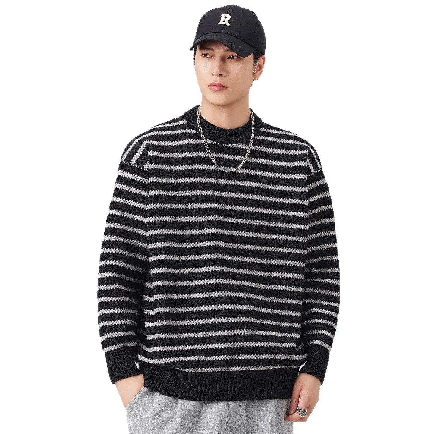 Men Crew Neck Striped Knitted Sweater High‑End Casual Thickened Loose Pullover Simple Warm Inner Base Layer Tops For Winter