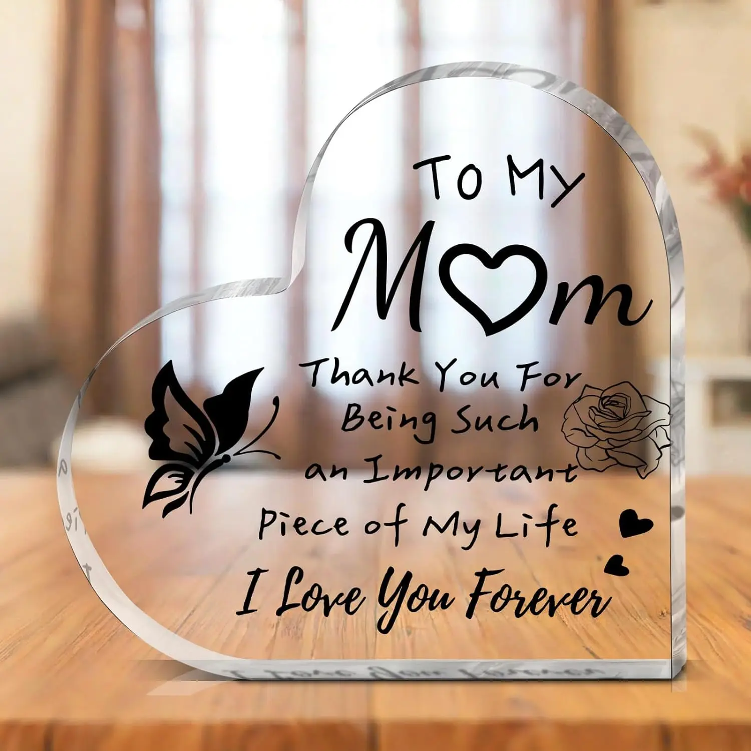 Heart‑Shaped Acrylic Plaque To My Mom Thank You For Being Such An Important Piece Of My Life Butterfly Rose Freestanding Mother’s Day Keepsake Gift,I Love You Forever Mom Quote Heart Acrylic Tabletop Plaque Sentimental Thank‑You Gift For Mother
