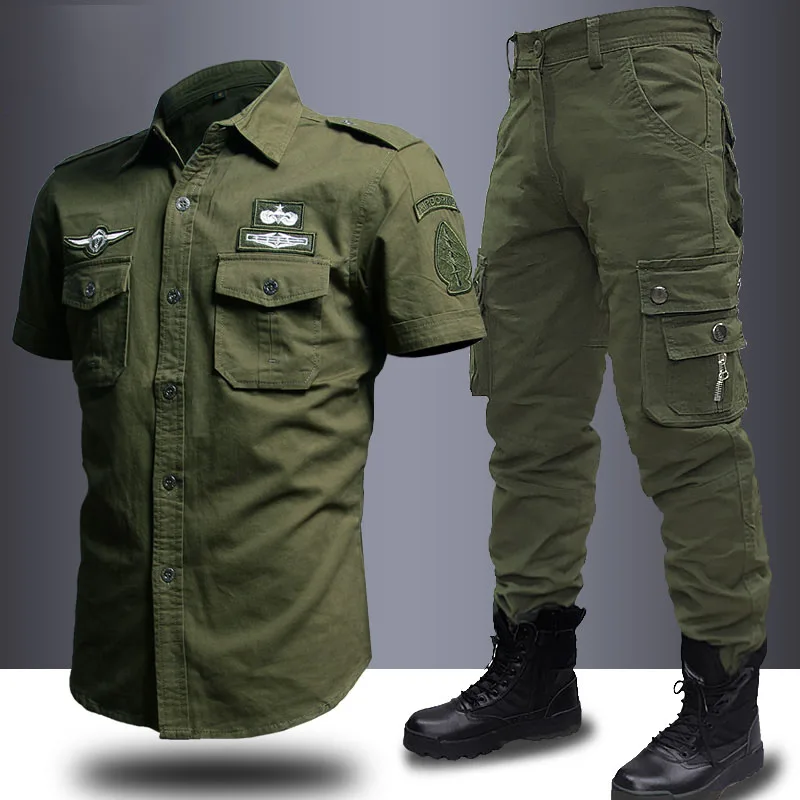 Tamanho grande 6xl bombardeiro define camisas de carga militar dos homens + multi-bolso calças de combate 2 peça conjunto novo verão vôo do exército