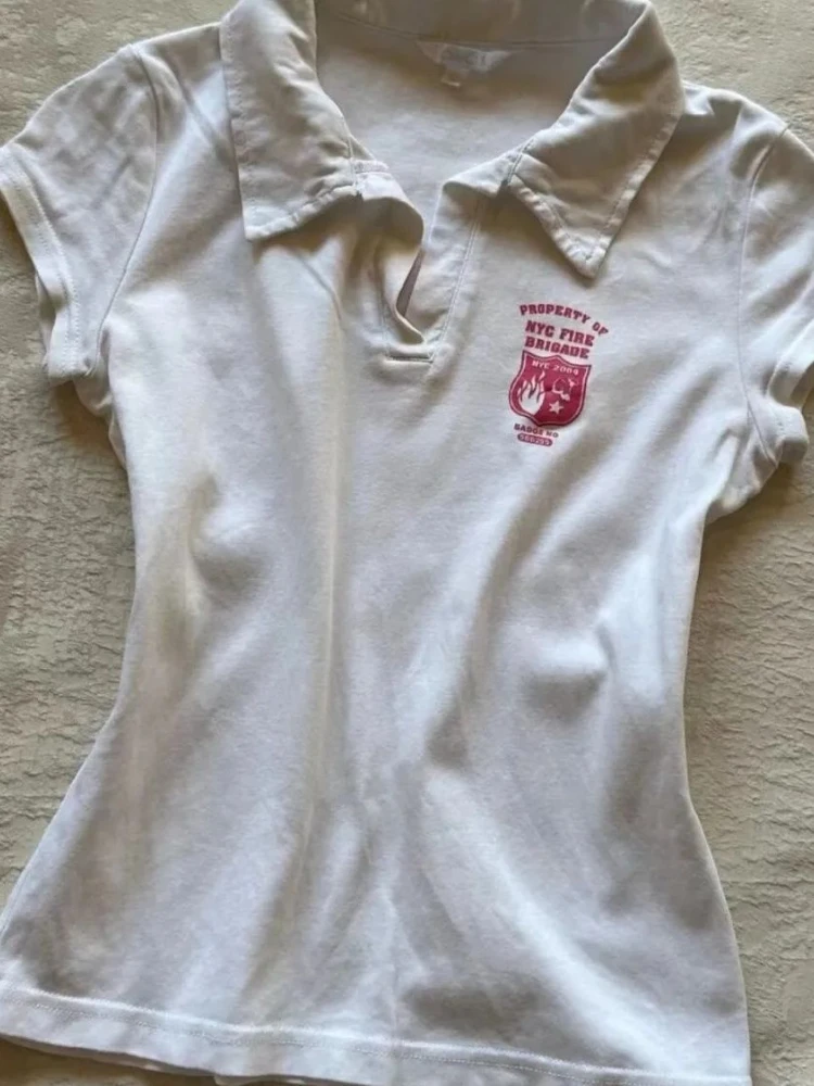 Y2K الأبيض خمر المرأة تي شيرت الصيف Harajuku التلبيب قصيرة الأكمام بلايز عادية الكورية شيك مطبوعة سليم أنثى تيز