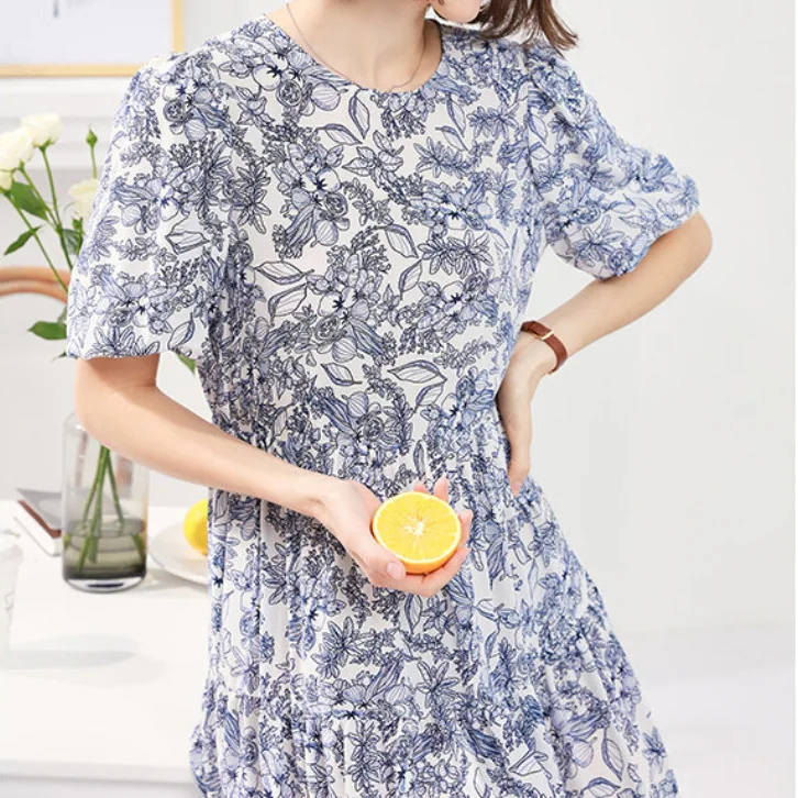 

100% Natural Mulberry Silk Women's Floral Dresses Elegant Dresses O-Neck Women Clothing Summer Dress 2024 New Vestidos Mujer