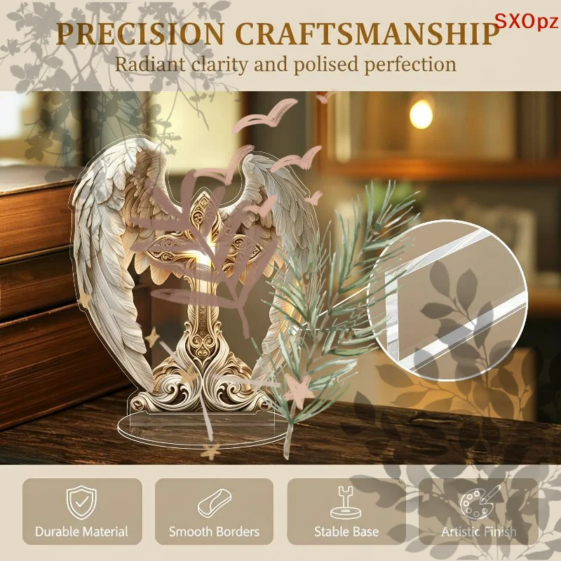 Acrylic Praying Angel Stand With: Warm LED Lights Floral Decor Home Desktop Ornament Memorial Gift