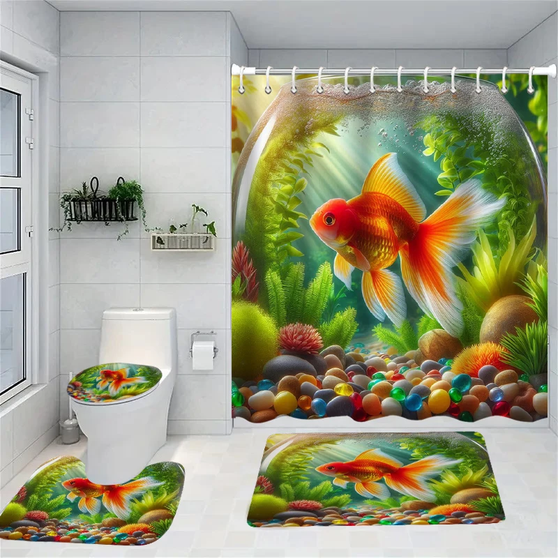 

3D Fishes Shower Curtain Animal Bath Sets Waterproof Non-Slip Bathroom Rug Toilet U With 12 Hooks Home Deco