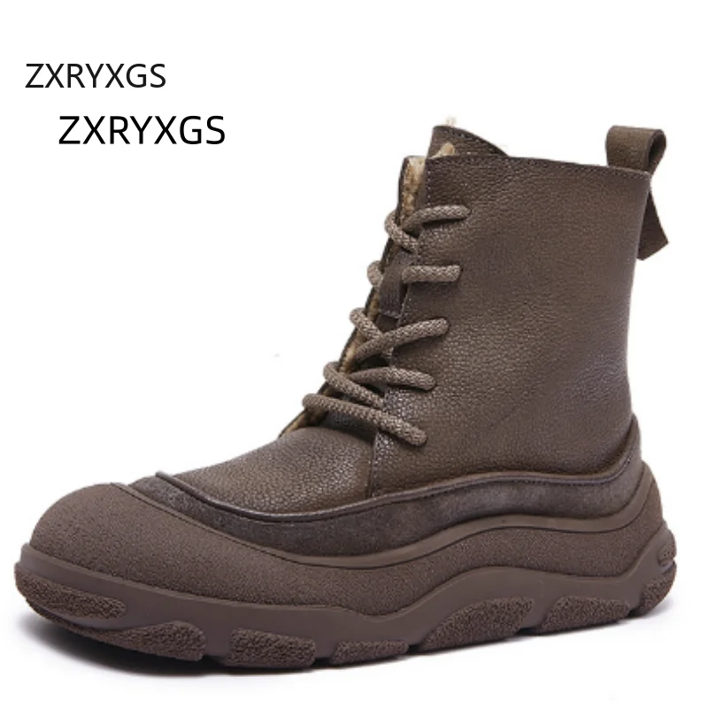 

ZXRYXGS Верхний слой из мягкой воловьей кожи с круглым носком, свободные удобные зимние ботинки с предупреждением, мягкие нескользящие женские ботинки на плоской толстой подошве, зима 2025