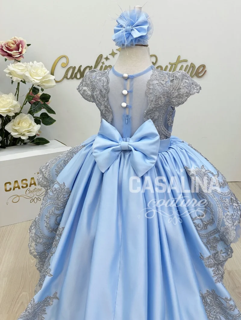 Vestido flor azul céu, O pescoço, grande arco, apliques de renda, vestido de primeira comunhão, vestidos de baile, casamento, novo