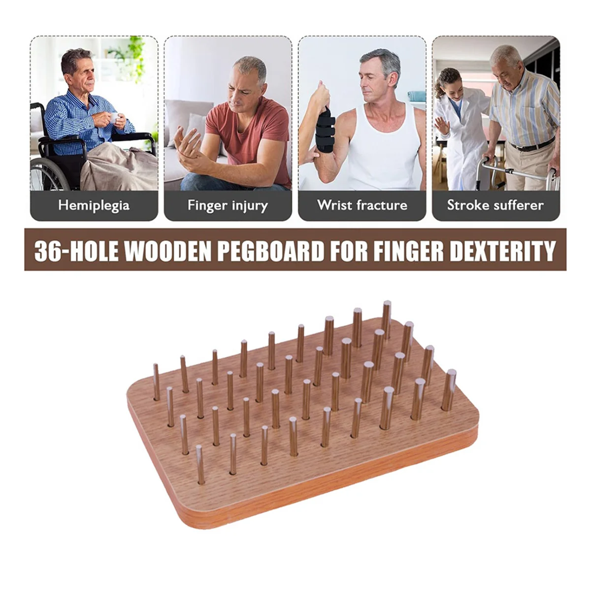 36-Hole Wooden Pegboards for Finger Dexterity, Hand Rehabilitation Board with 4mm/6mm/8mm Pegs, Hand Therapy Peg Board