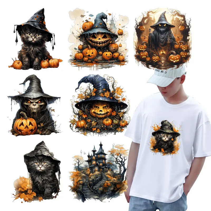 

Halloween Black Cat Iron On Heat Transfer Sticker For Clothes DTF Pinted Vinyl Thermal Appliques Washable T-Shirt Decal