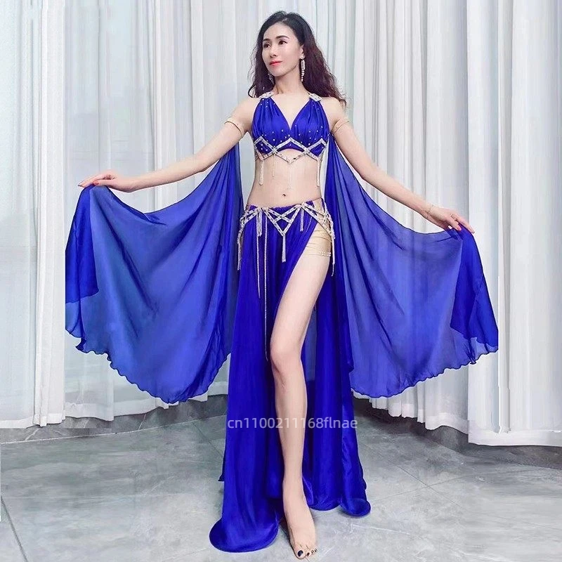 

Костюм для танца живота, новинка 2025 года, комплект длинной юбки с разрезом и бриллиантами, восточный танцевальный сценический костюм для женщин