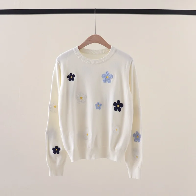 Autumn new flower embroidery patch loose round neck long sleeve pullovers sweater outer wear bottoming sweater for women