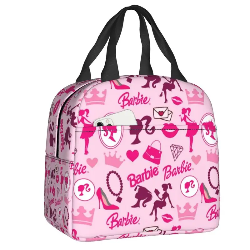 Custom Barbie Lunch Box for Women Leakproof Cooler Thermal Food Insulated Lunch Bag School Children Portable Picnic Tote Bags