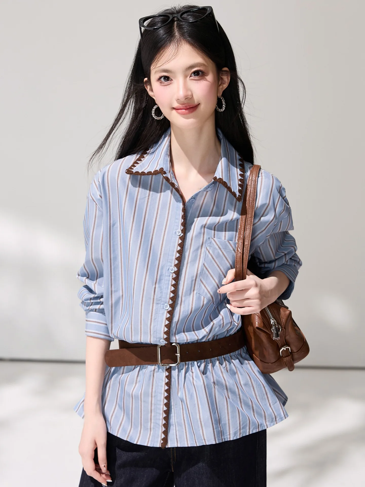 

Retro American Blue Striped Long Sve Women's irt Spring Autumn Loose Waist Design Open Cardigan Top Breathable Skin-Frie...
