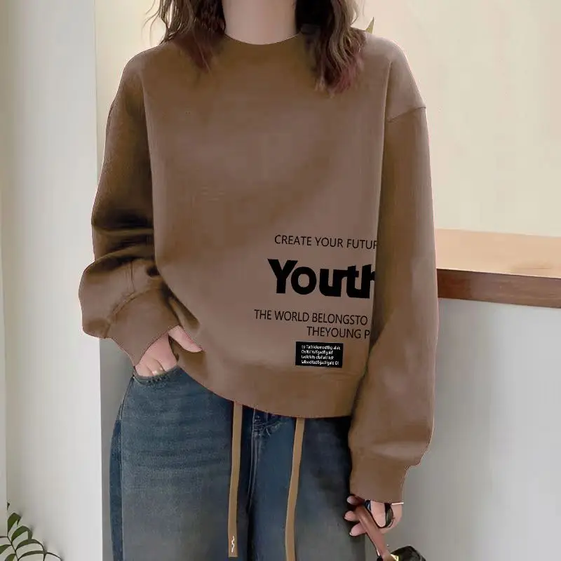 

Simplicity Fashion Autumn Winter Women Printing Letter Plus Velvet Thicken Korean Casual Long Sleeve Pullovers Sweatshirts Tops