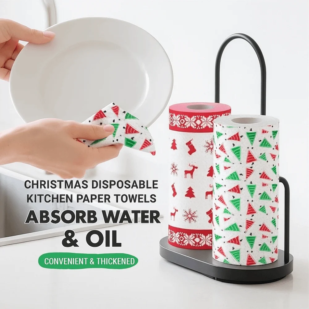 Disposable Christmas Kitchen Paper Thick Three-Layer Wet Dry Dual-Use Christmas Paper Towels Household Roll Paper