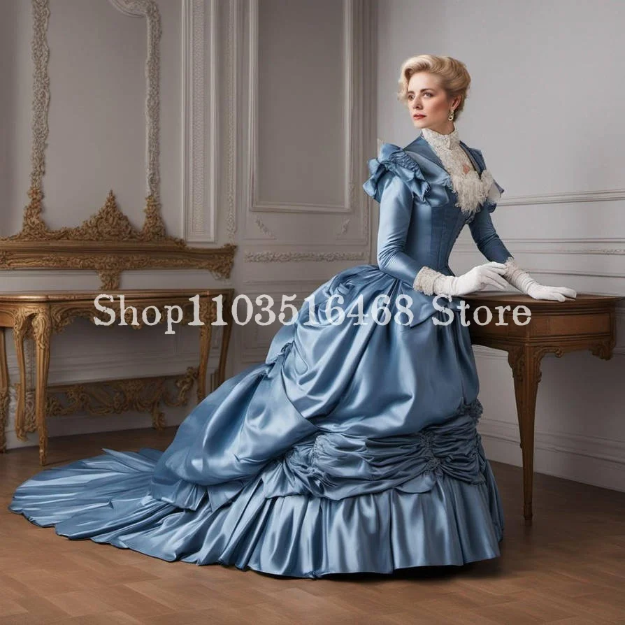 Vintage Historical Victorian Prom Dress Elegant Blue Long Sleeve Satin Lace Applique Pleated Floor Length Dress فساتين سهرة