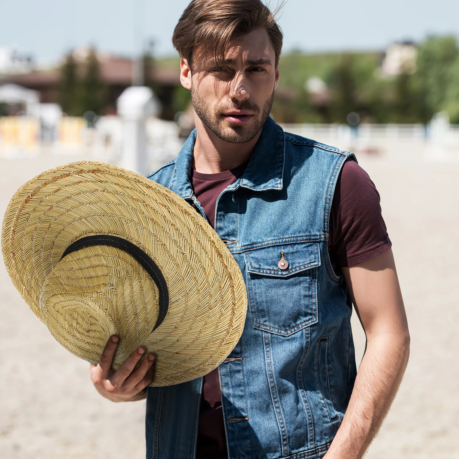 Wide Brim Straw Woven Sun Hat Large Brim Adjustable Strap Summer Beach Hat for Men Outdoor Holiday Travel Uv Protection