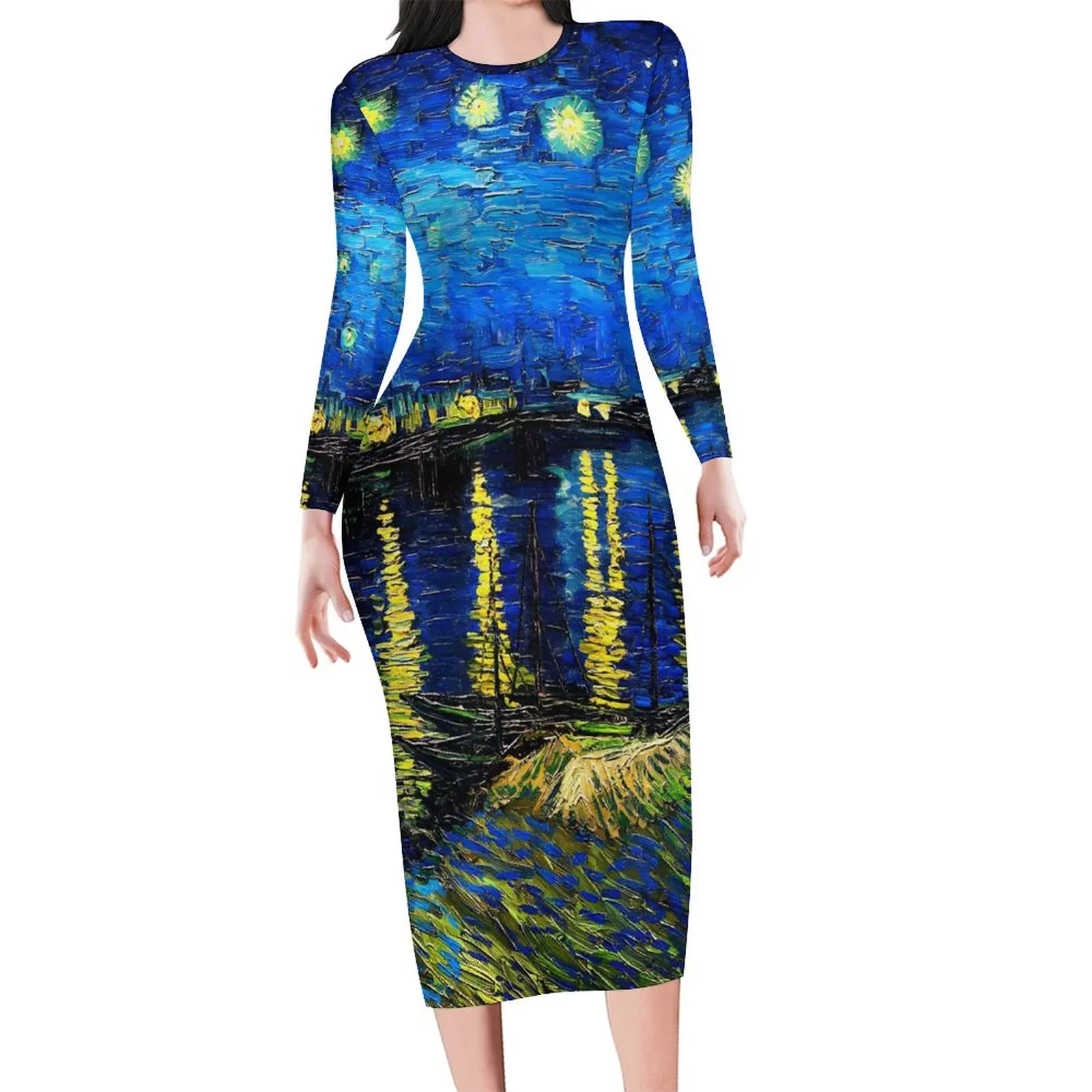 Vincent Van Gogh Dress Ladies Starry Night Street Style Bodycon Dress Spring Long Sleeve Club Dresses Pattern Oversized Vestidos