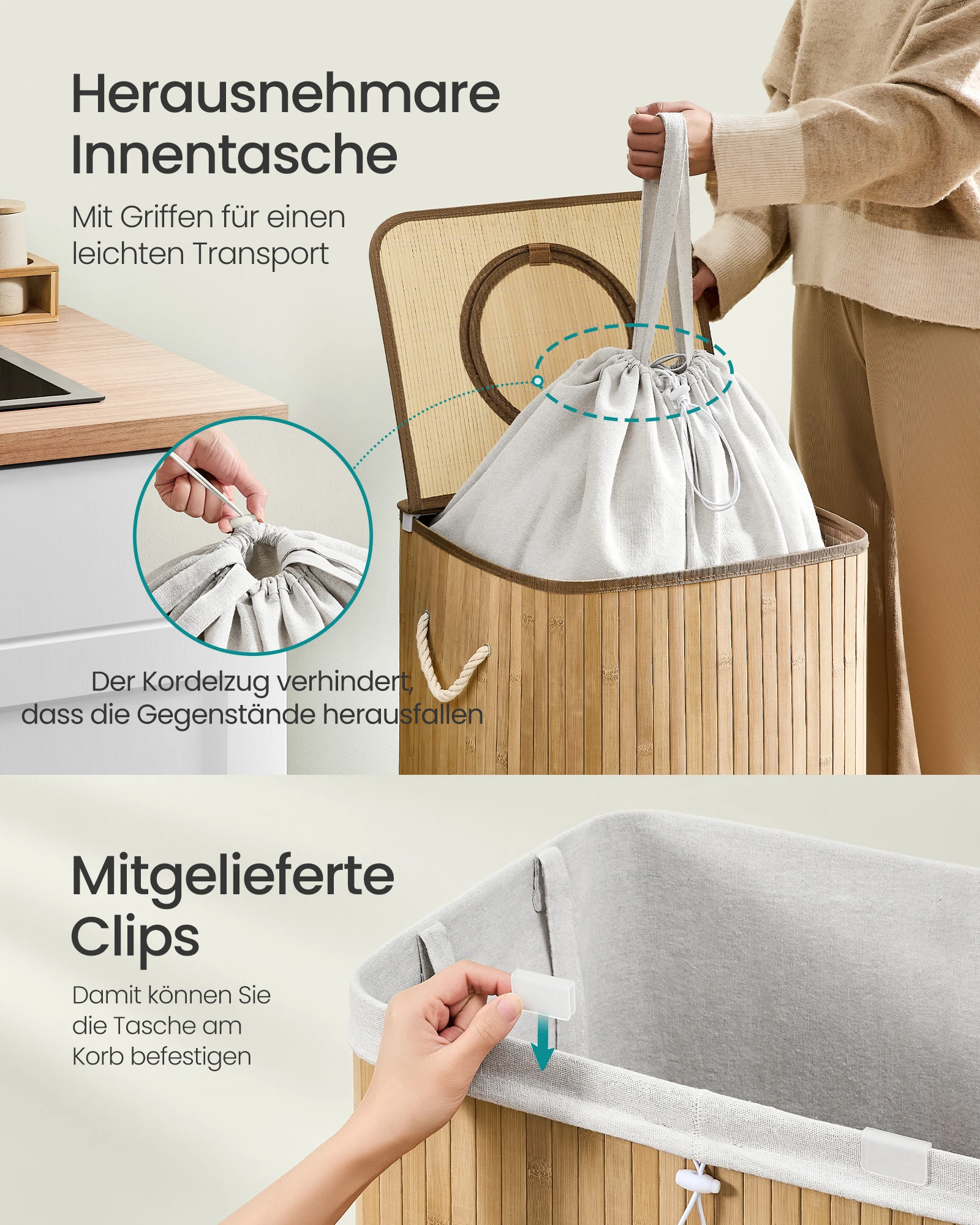 حاوية جمع الزجاجات القابلة للإرجاع من SONGMICS، حاوية زجاجات قابلة للإرجاع سعة 95 لترًا، من الخيزران، أفرغت مجمع الزجاجات، حاوية إعادة التدوير #4