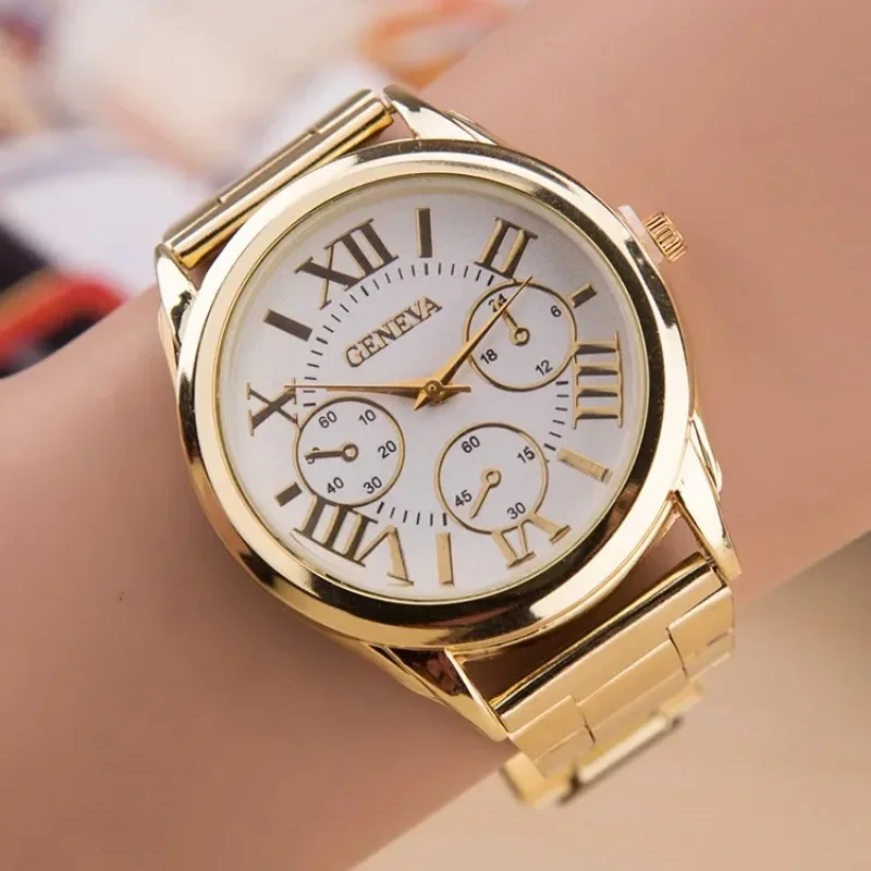 Nowy zegarek kwarcowy marki 3-eyes Gold Geneva Casual Women Stainless Steel Dress Wristwatch Relogio Feminino Ladies Clock Часы Reloj