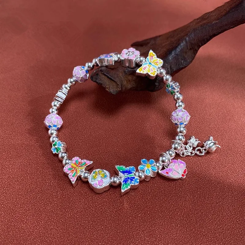 Original pure silver AG999 drama butterfly bell orchid butterfly enamel elastic rope women's bracelet high-end jewelry gift