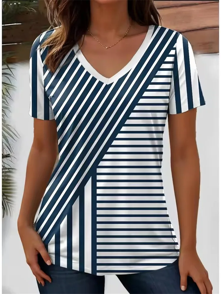 

Summer New Women's T-shirt 3D Simple Printing V-neck Short Sleeve Shirt Fashion Plus Size T-shirt Clothing Y2k Women's T-shirt