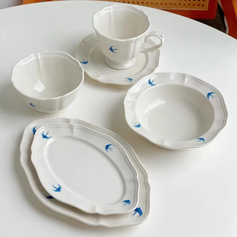 Retro Milky White Relief Hand-painted Blue Swallow Dinner Plate Soup Plate Dessert Plate Rice Bowl Coffee Cup&Saucer Mug