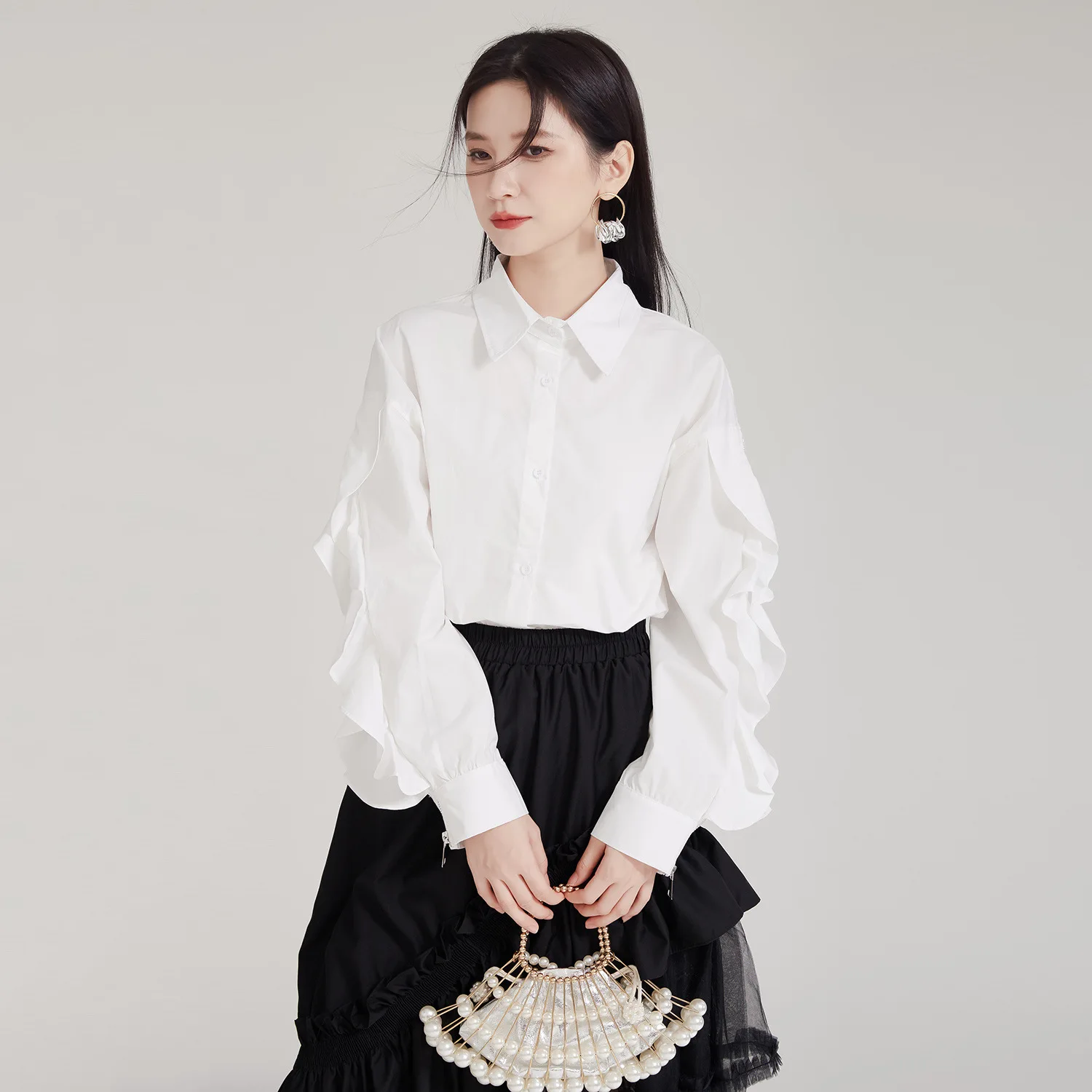 Chemise en coton rouge Angora, chemisiers à manches longues en feuille de Lotus de haute qualité pour femmes, chemise ample d'épissure de Niche pour femmes