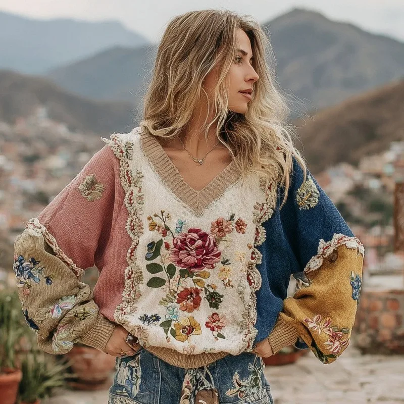 Vintage Blumenmuster V-Ausschnitt Pullover Damen Mode Lässiger Europäisch-Amerikanischer Stil Gestrickter Pullover Damen Übergroße Kleidung