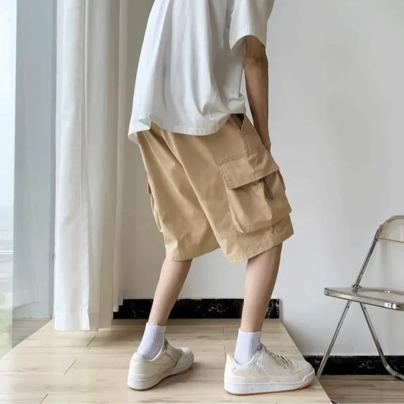 남성용 포켓 카키 롱 밴딩 허리 솔리드 버뮤다 카고 반바지 와이드 배기 하프 루즈 드로스트링 Y2k