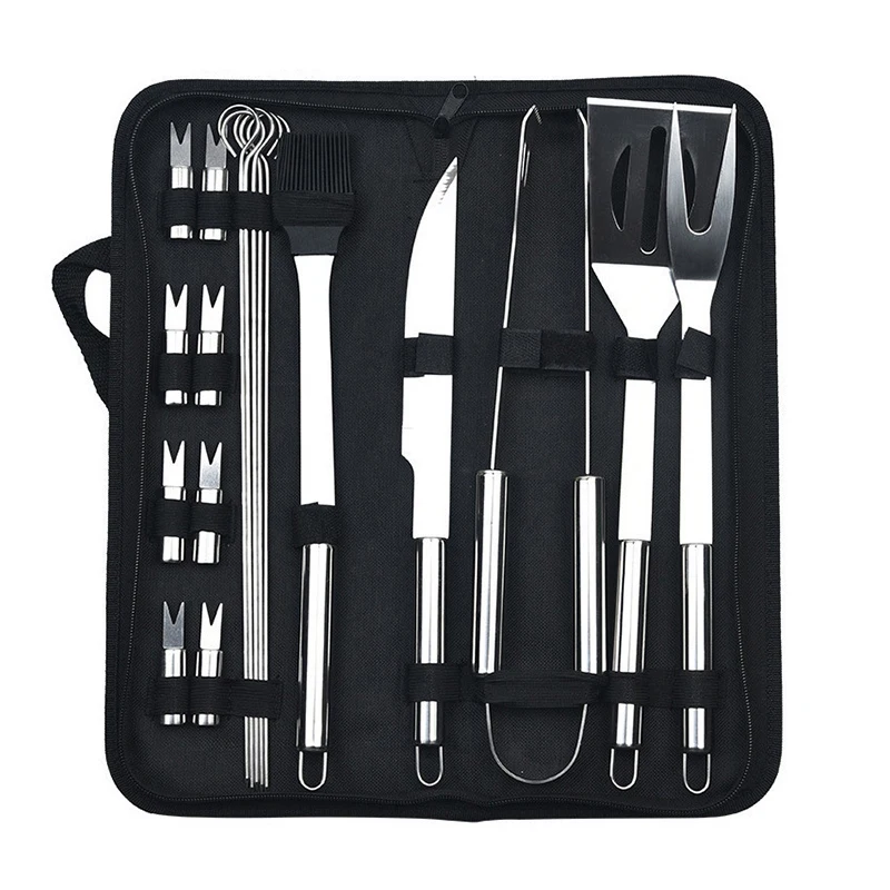 18pcs Bbq Set Stainless Steel With Oxford Cloth Bag Outdoor Barbecue Combination Bbq Tools Beef Mut Portable Camping Assesories