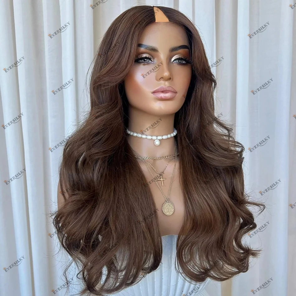 

Super Long Wavy Light Brown Remy Peruvian Human Hari U Part Wig with Clips&Combs Glueless Cheap Machine Made V Part Wigs WOMEN