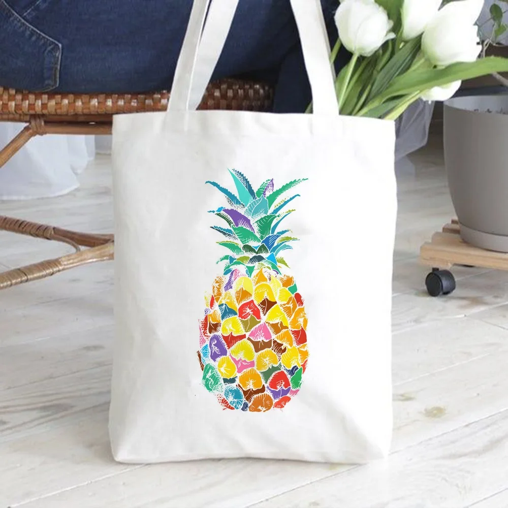 حقيبة كتف قماشية مطبوعة على شكل رسوم كرتونية على شكل أناناس، حقيبة كتف عملية محمولة مع أشرطة كتف مناسبة للتنقل