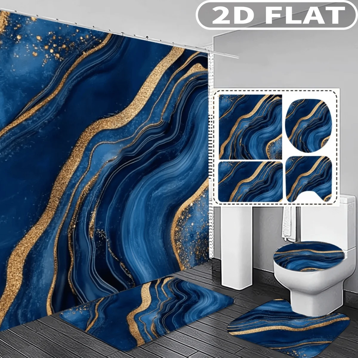 

4pcs 2D FLAT Blue Gold Marble Pattern Pattern Shower Curtain Set, with 3pc Bath Mat and 1pc Curtains Perfect for Home Decor