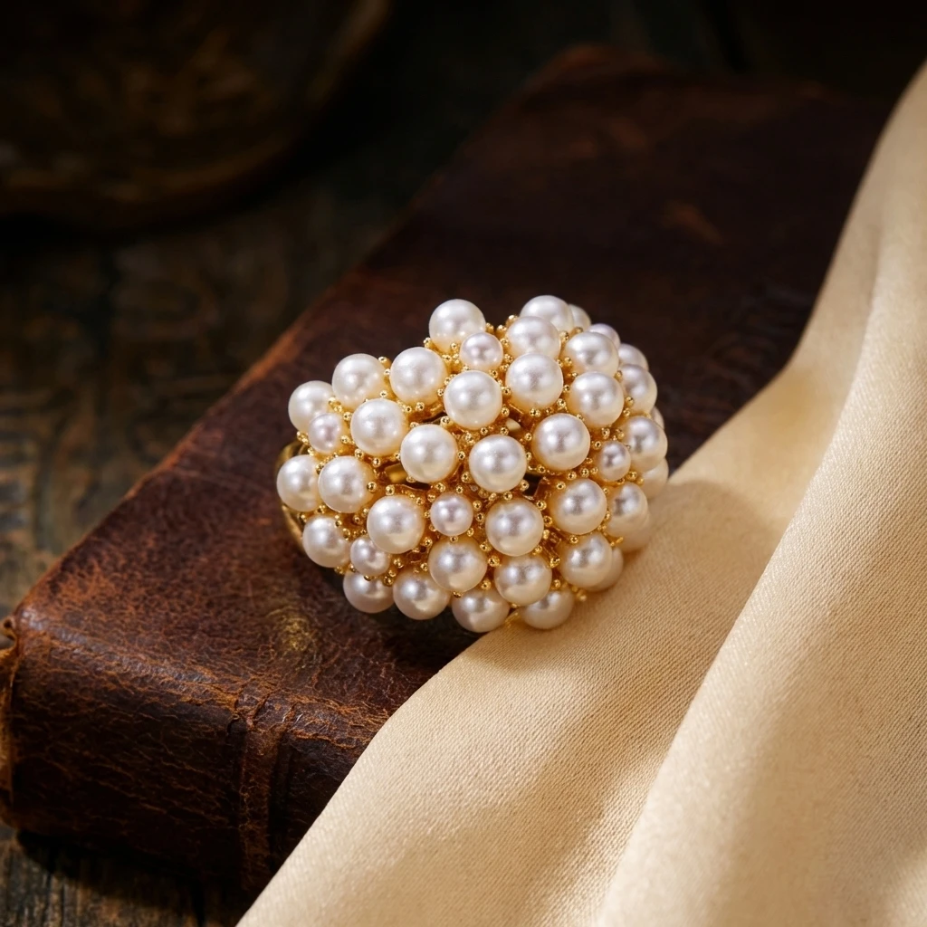 Old Money Perlen-Blumencluster Cocktailring für Damen, Massiver Messingring mit Hohldesign, Eleganter Abendparty-Schmuck, Statement-Stück – Detail 2