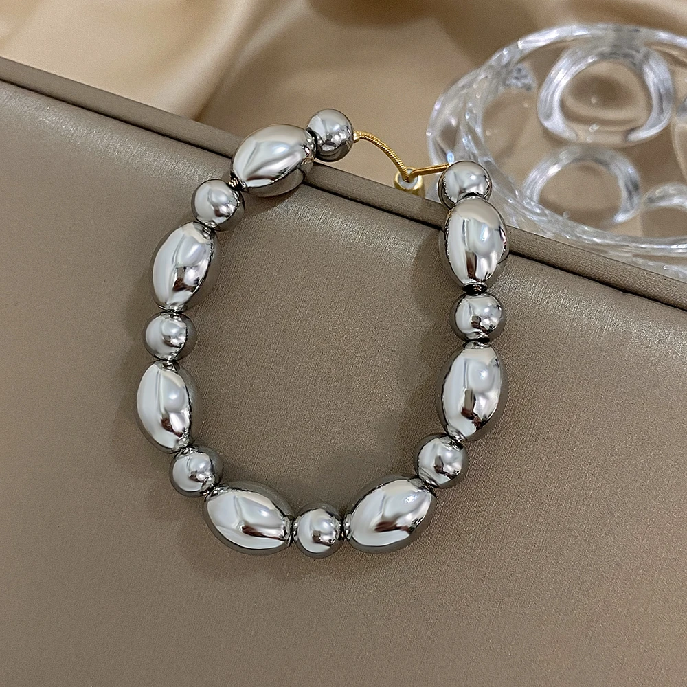 Glossy Two Tone Olive Ball Beads Stainless Steel Bracelets for Women Men Unisex Fashion Hip Hop Style Waterproof Jewelry Gifts
