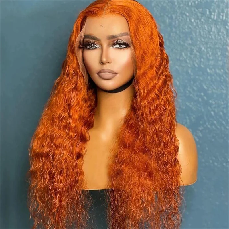 

Soft Glueless Ginger Orange Kinky CurlyPreplucked BabyHair Long Middle Part 180density Lace Front Wig For Women Natural Hairline