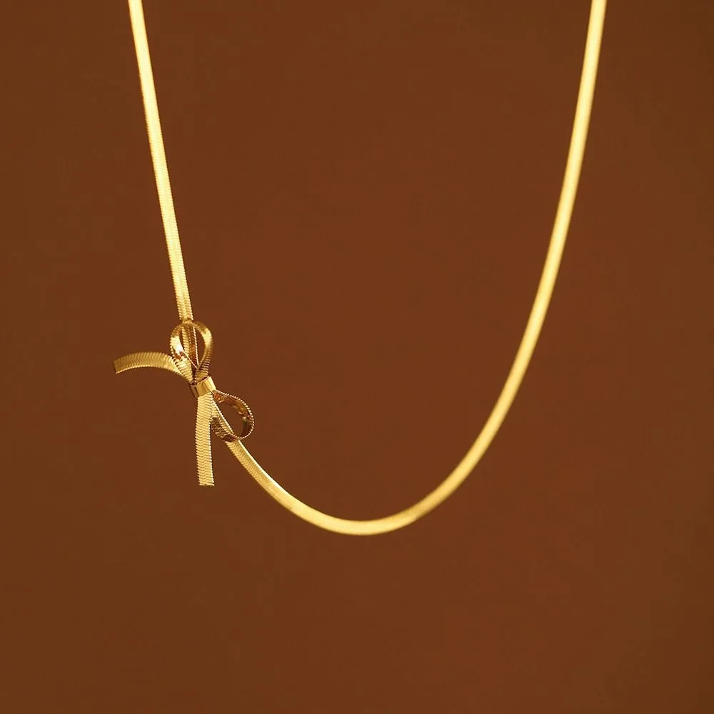 Stainless Steel Snake Bone Chain Necklace Women\'s Fashion Bow Water Drop Collarbone Necklace Exquisite Party Jewelry Girls Gift