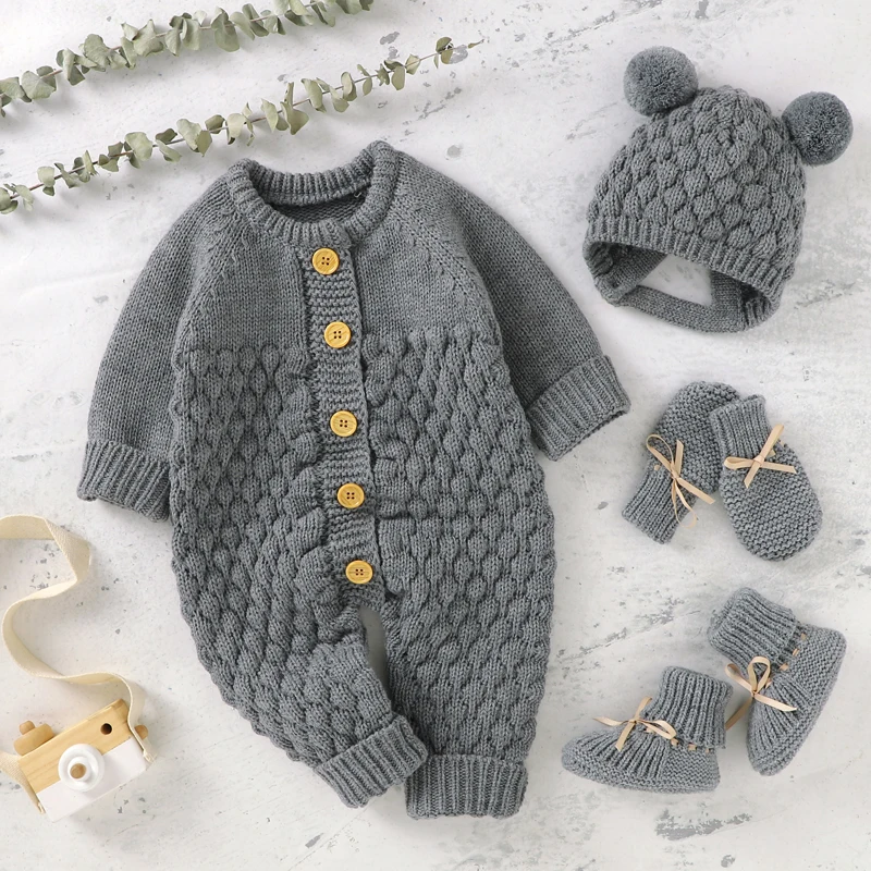 Newborn Baby Romper Gloves Shoes Set Knitted Infant Girl Long Sleeve Jumpsuit +Boots +Mitten Solid Toddler Boys Clothing Hat 4PC